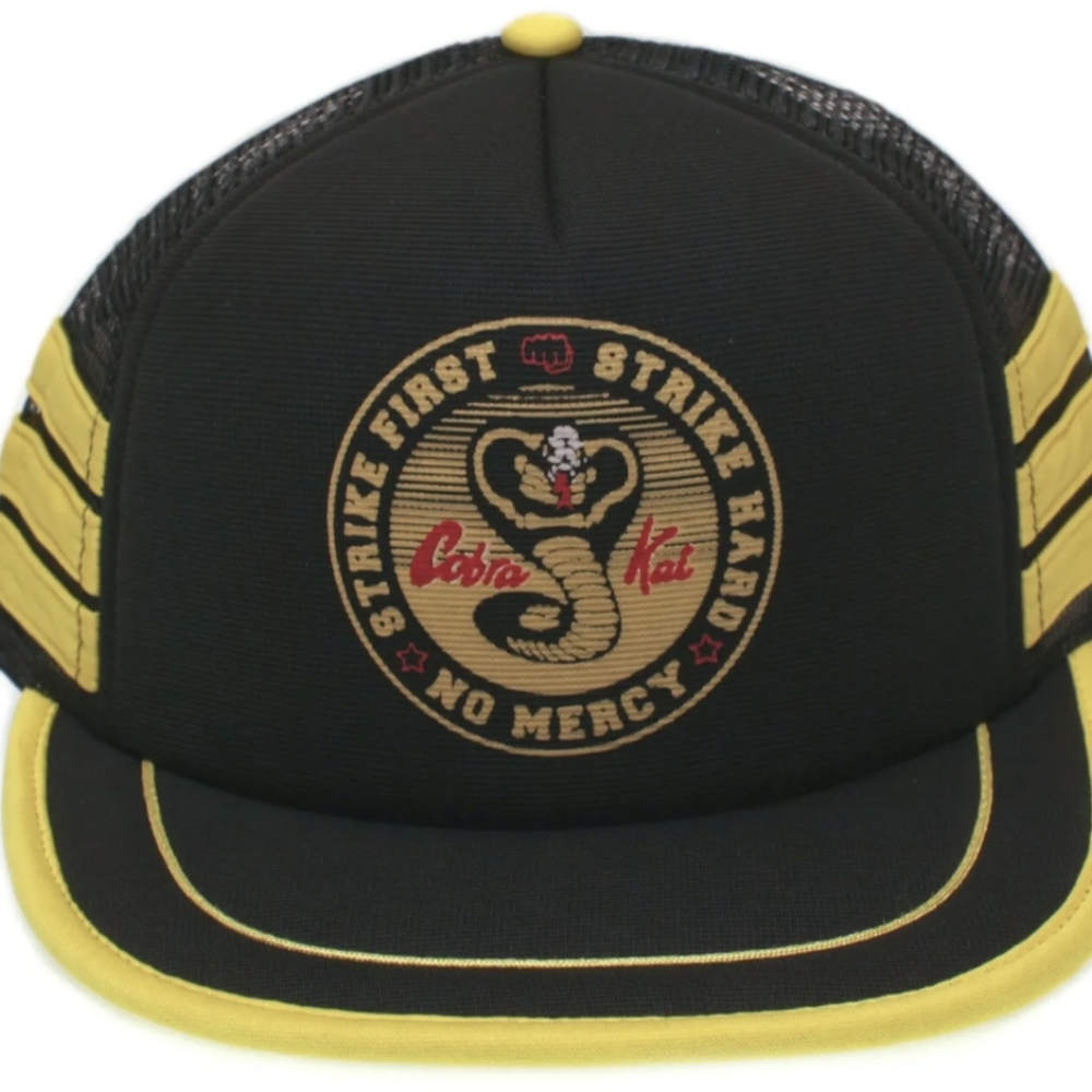 Classic 3 Stripe Cobra Kai Hat Flat Bill Adult One-Size Black/Yellow Cap Karate